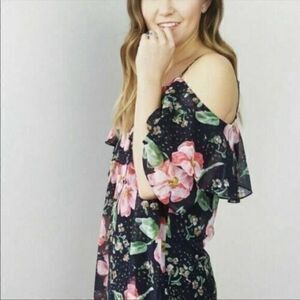 Cabi Navy Fairytale Floral Flutter Sleeve Off Shoulder Cami Blouse Medium Office